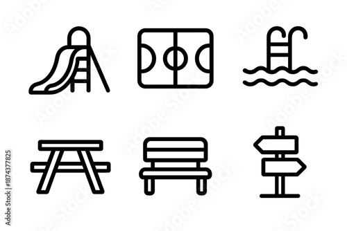 Recreation Facility Icons. Community Facilities recreation set in outline vector style: playground slide, sports field, swimming pool, picnic table, park bench, trail sign