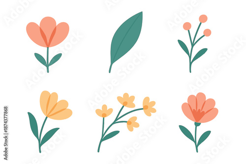 Minimalist Botanical Icons. Subtle Botanics vector set in modern flat style : soft flower mark, graceful petal edge, thin leaf, tiny sprig, gentle blossom arc, airy stem