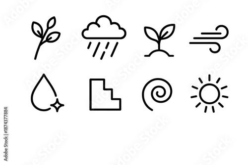 Spring Renewal Icons. Spring Wellbeing set in outline vector style: budding branch, gentle rain, fresh sprout, light breeze, cleansing droplet, garden step, renewal swirl, bright sun
