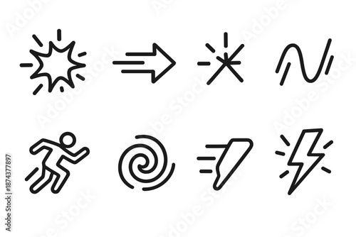 Energetic Motion Icons. Dynamic Motion set in outline vector style : energy burst, quick arrow, sudden spark, kinetic wave, jump icon, rapid swirl, momentum dash, flash pulse