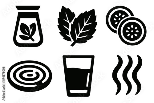 Wellness Hydration Icons. Wellness hydration icon set in silhouette bold style. Contain herbal water jar, mint leaves, cucumber slices, calm ripple, spa glass, gentle steam