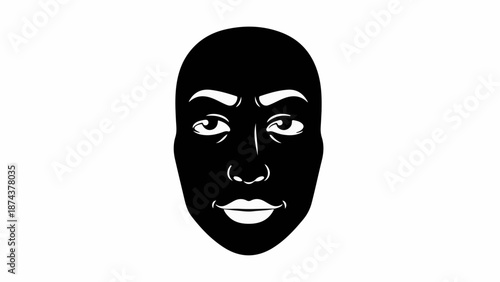 Intense gaze from a stylized, dark silhouette face with striking white eyes.