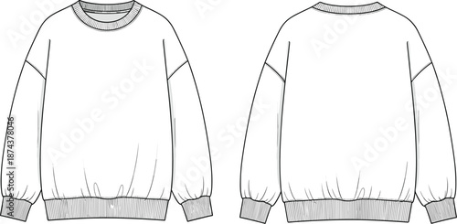 Crew neck sweatshirt technical drawing front back view, casual long sleeve pullover with ribbed cuffs hem, modern everyday apparel fashion design, flat vector, cad drawing flat vector