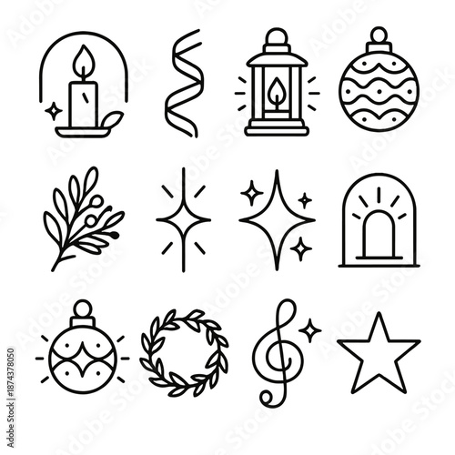 Festive Icon Collection. Seasonal Harmony set in outline vector style: candle arc, ribbon curl, glowing lantern, patterned ornament, festive sprig, harmony beam