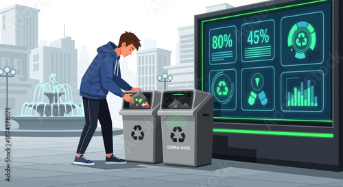 Man using smart recycling bins in a futuristic city.