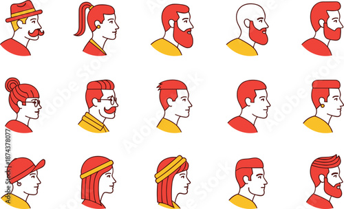 Colorful male and female profile avatar icons set featuring diverse hairstyles, beards and accessories in flat vector illustration style for modern character design