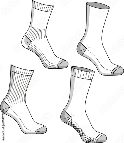 Crew socks technical fashion illustration set with multiple designs, cad drawing flat vector for apparel, textile, and manufacturing use