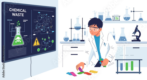 Scientist analyzing chemical waste in a laboratory setting with digital display.