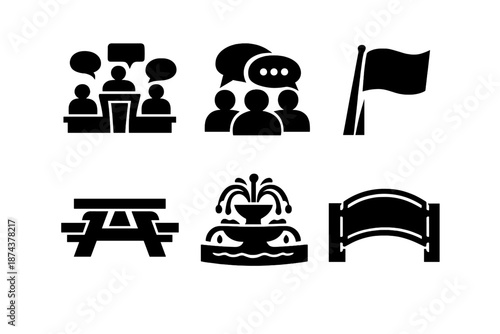 Brutalist Community Icons. Community icon set in silhouette bold style. Contain Public Meeting, Group Chat, Flag, Picnic Table, Fountain, Welcome Sign