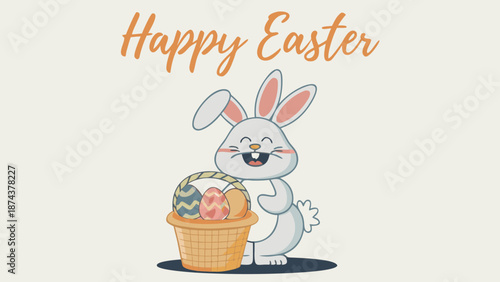 Smiling easter bunny holding basket with colorful eggs on beige background with happy easter text