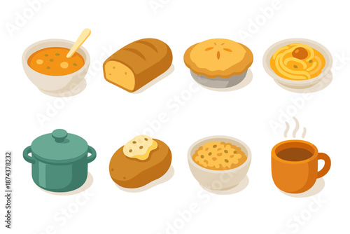 Comfort Food Icons. Comfort Foods set in isometric flat vector : soup bowl, loaf of bread, warm pie, pasta plate, stew pot, baked potato, grain bowl, cozy mug
