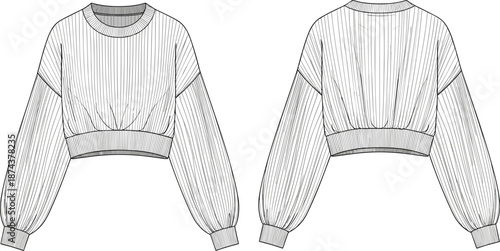 cropped blouse cad drawing flat vector template fashion technical shirt mockup apparel front back sketch garment design elastic sleeve