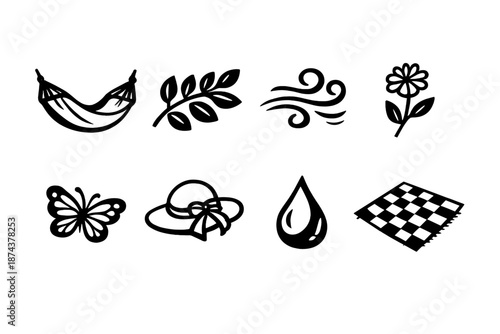 Nature's Relaxing Icons. Nature relaxationset in outline vector style hammock, leafy branch, soft breeze swirl, wildflower, butterfly, sun hat, water droplet, picnic blanket
