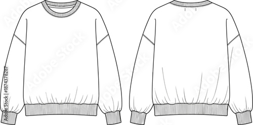 Crew neck sweatshirt technical fashion illustration front and back view, cad drawing flat vector for apparel design and production