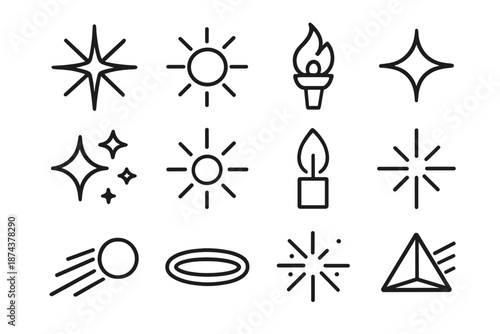 Radiant Icon Collection. Brightline set in outline vector style : radiant star, sun icon, torch flame, sparkle effect, glowing orb, candle flame, light ray,