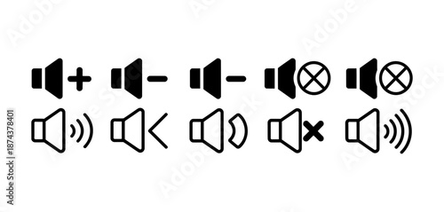 A comprehensive set of black and white sound and volume control icons for user interfaces