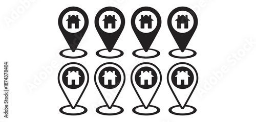 Collection of home location pin icons depicting real estate and property search