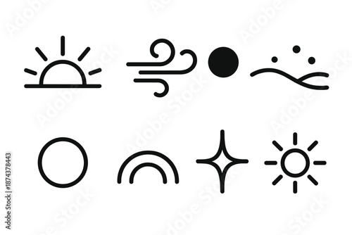 Uplifting Scenic Icons. Joyburst Scenic Cheer set in outline vector style : horizon glow arc, uplifting breeze swirl, ambient joy dot, terrain speck, soft sky ring, bright moment mark