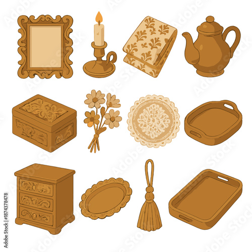 Vintage Decor Icons. Vintage decor icons set in isometric flat vector : ornate frame, brass candleholder, patterned textile, ceramic teapot, carved box, dried flower bunch, lace doily, wooden tray