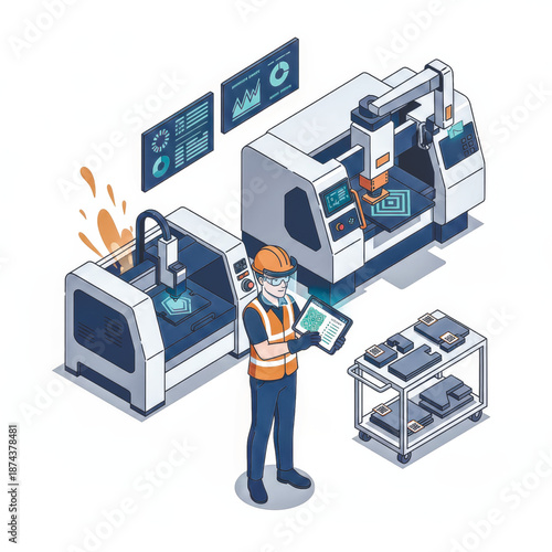  An engineer uses a tablet with an augmented reality interface to control and monitor automated CNC machines in a modern, smart factory.. Vector illustration