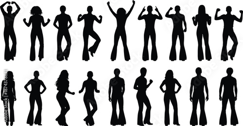 Dancing people silhouettes collection, men women disco dance poses, retro movement characters, black human figures, isolated vector, cad drawing flat vectorWeb