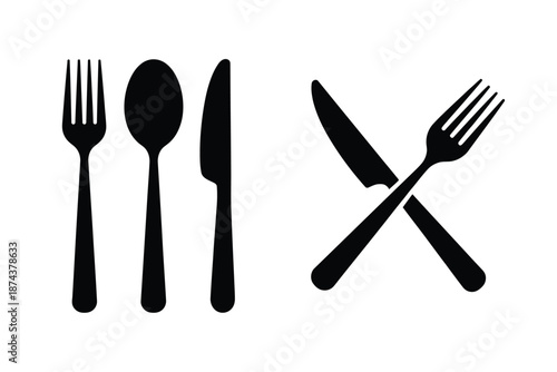 Simple black and white illustration of a fork spoon and two knives