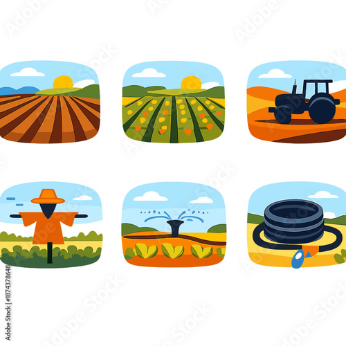 Modern Farming Icons. Agricultural fieldwork scenery vector set in modern flat style : plowed field, crop rows, tractor silhouette, scarecrow, irrigation hose, open sky