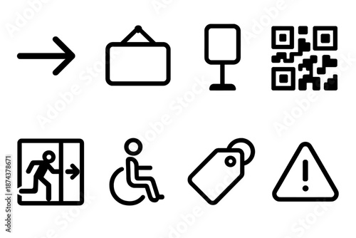 Black Line Signs. Relax Ritual Signage & Guidance set in outline vector style : directional arrow, room plaque, info stand, QR code tile, emergency exit sign,