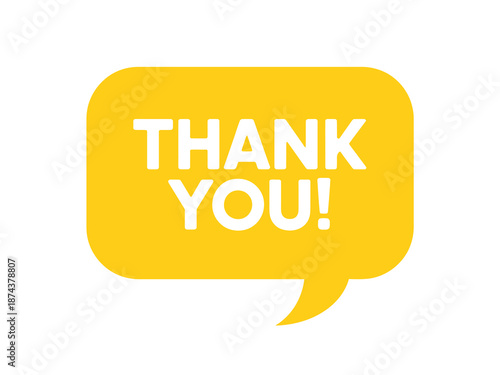 A vibrant yellow speech bubble displaying the words thank you in bold text