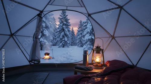 Cozy geodesic dome interior with snowy forest view at dusk