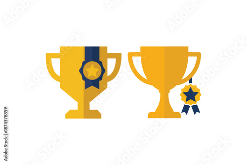Gold trophy cups with star badges for awards and achievements