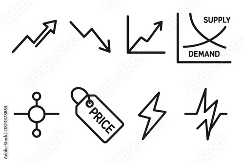 Market Icons Overview. Market Dynamics set in outline vector style: rising arrow, falling arrow, trend line, supply curve, demand curve, market node, price tag icon, volatility spark