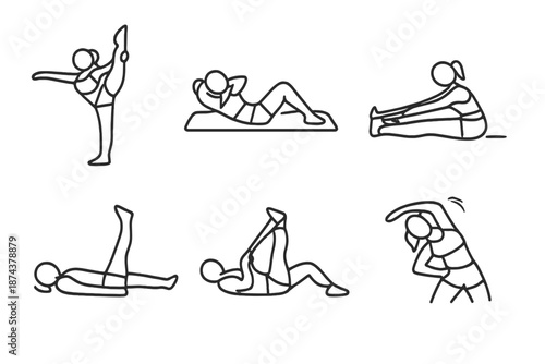 Fitness Icons Set. Flexibilityset in outline vector style Gymnast, Pilates Mat, Rope Stretch, Leg Raise, Resistance Band, Side Bend