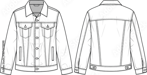 Denim jacket technical fashion illustration front and back view, cad drawing flat vector for apparel design and manufacturing template