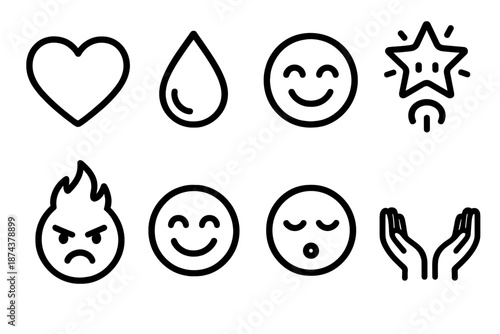Emotional Icons Display. Emotional expressionset in outline vector style heart glow, tear drop, laughter curve, calm breath, surprise star, rage flame, joy arc, empathy hands
