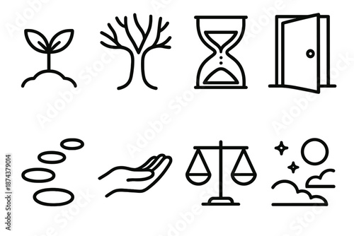 Life's Journey Icons. Life Journey set in outline vector style: growing sprout, branching tree, hourglass, open door, stepping stones, supportive hand, balanced scales, peaceful sky