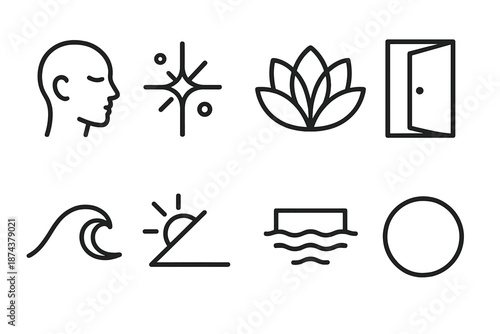 Simple Icon Symbols. Inner Horizons set in outline vector style: calm mind, glowing spark, unfolding flower, open door, gentle wave, insight ray, reflective pool, centered circle