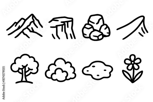 Nature Icons Collection. Ridgewalk Terrain Elements set in outline vector style : mountain ridge, cliff edge, rock formation, slope, tree, bush cluster, moss patch, wildflower