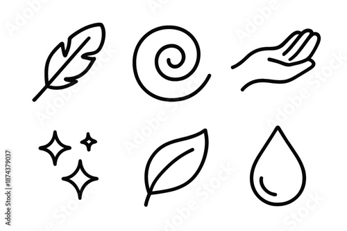 Gentle Icons Collection. Gentleness set in outline vector style : light feather, soft swirl, open hand, mild glow, tender leaf, calm droplet