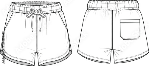 Elastic waist casual shorts technical fashion illustration front and back view, cad drawing flat vector for apparel design production