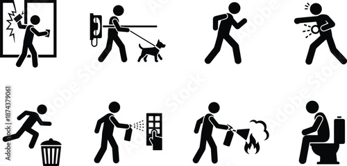 Emergency response and safety action icon set illustrating evacuation rescue fire fighting first aid security and public awareness symbols
