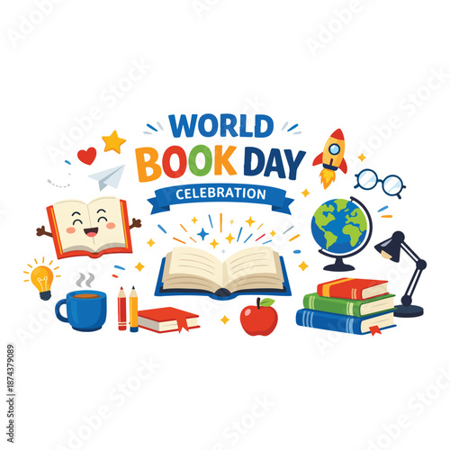World Book Day Celebration Flat Design Vector