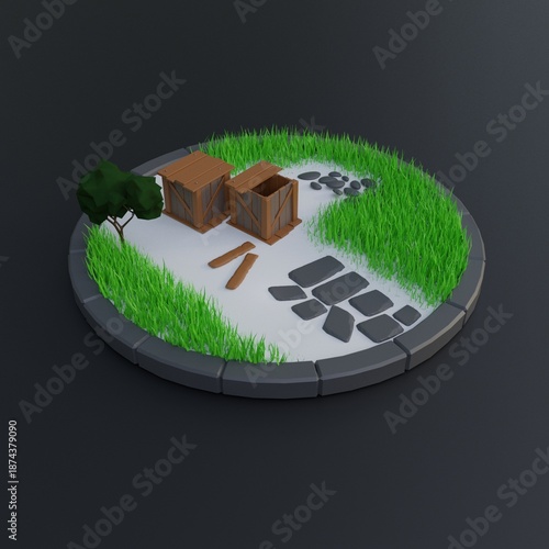 Stylized low-poly 3D diorama of a miniature outdoor scene: circular stone-bordered base with grass patches, a small tree, wooden crates, planks, and scattered stones forming a path. Perfect for game d