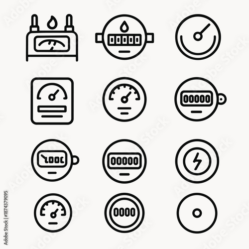 Meter Reading Icons. Utility Meter Reading set in outline vector style: gas meter silhouette, water meter dial, pointer indicator, numeric display, flow line,