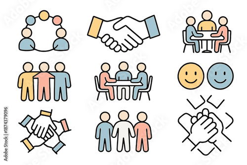Isometric Teamwork Icons. Gatherline set in isometric flat vector : circle of teammates, handshake, group discussion, linked arms, meeting table, smiling faces,