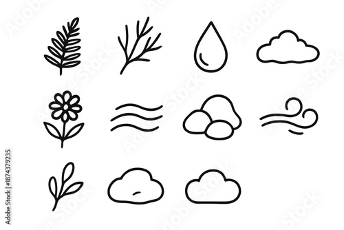 Nature Icon Set. Nature open space elements set in outline vector style : fern frond, branch silhouette, dew drop, moss patch, wildflower, breeze stroke, stone cluster, soft haze