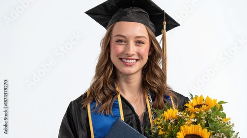 Graduate holding diploma and flowers isolated on transparent background