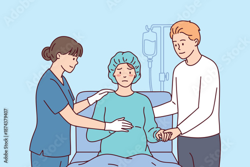 Worried woman waits for childbirth in a hospital ward while being comforted by her husband and a nurse. Emotional support and partnership preparation for the labor and delivery process.