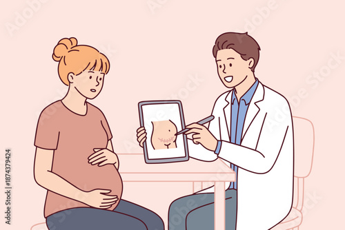Medical doctor uses a digital tablet to explain the details of a C-section operation to a surprised pregnant patient. Informed consent and surgical preparation during a prenatal consultation.