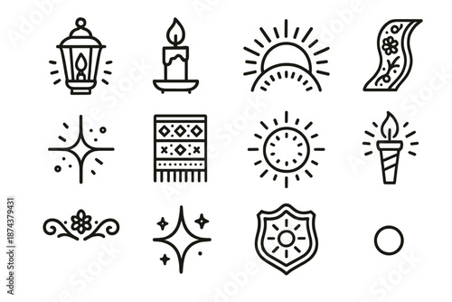 Festive Icon Collection. Bright Traditions set in outline vector style: glowing lantern, festive candle, radiant sun arc, decorative ribbon, celebration spark,